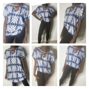 OVERSIZED WHITE V NECK SHORT SLEEVE SHIRT WITH BLUE PATTERN FROM BOBBIE …